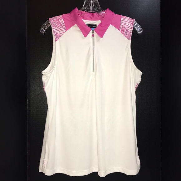 PGA TOUR golf shirt, sleeveless with zip neck, white & hot pink, design on back - Picture 1 of 10